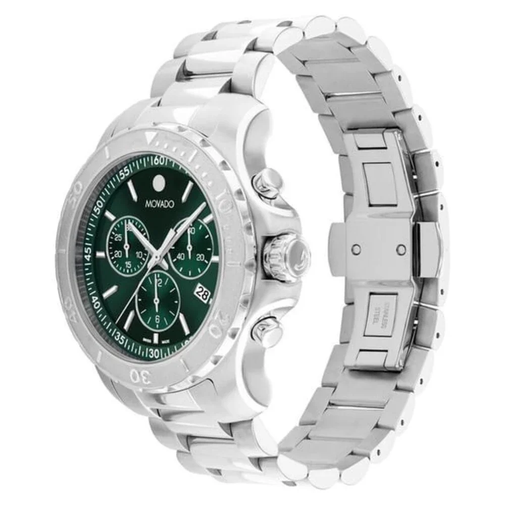 MOVADO ACTIVE SPORT CHRONOGRAPH 2600203 GREEN DIAL SILVER BRACELET MENS WATCH